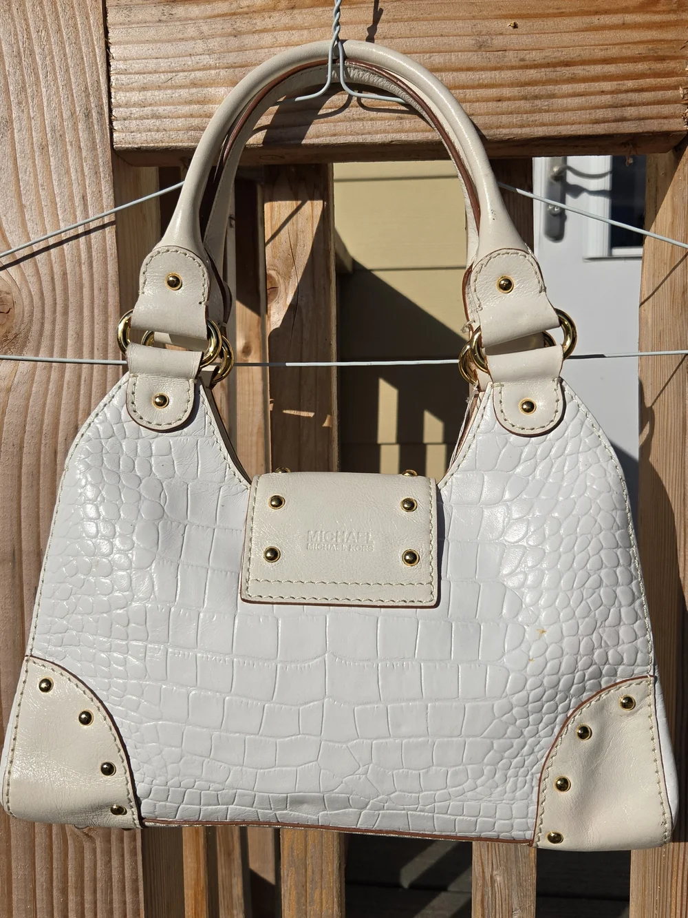 Michael Kors White Croc Embossed Leather Satchel Bag Gold Hardware Buckle Purse